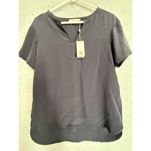 Tory Burch Blouse Womens 2 Blue 100% Silk Katie Top V Neck Short Sleeve